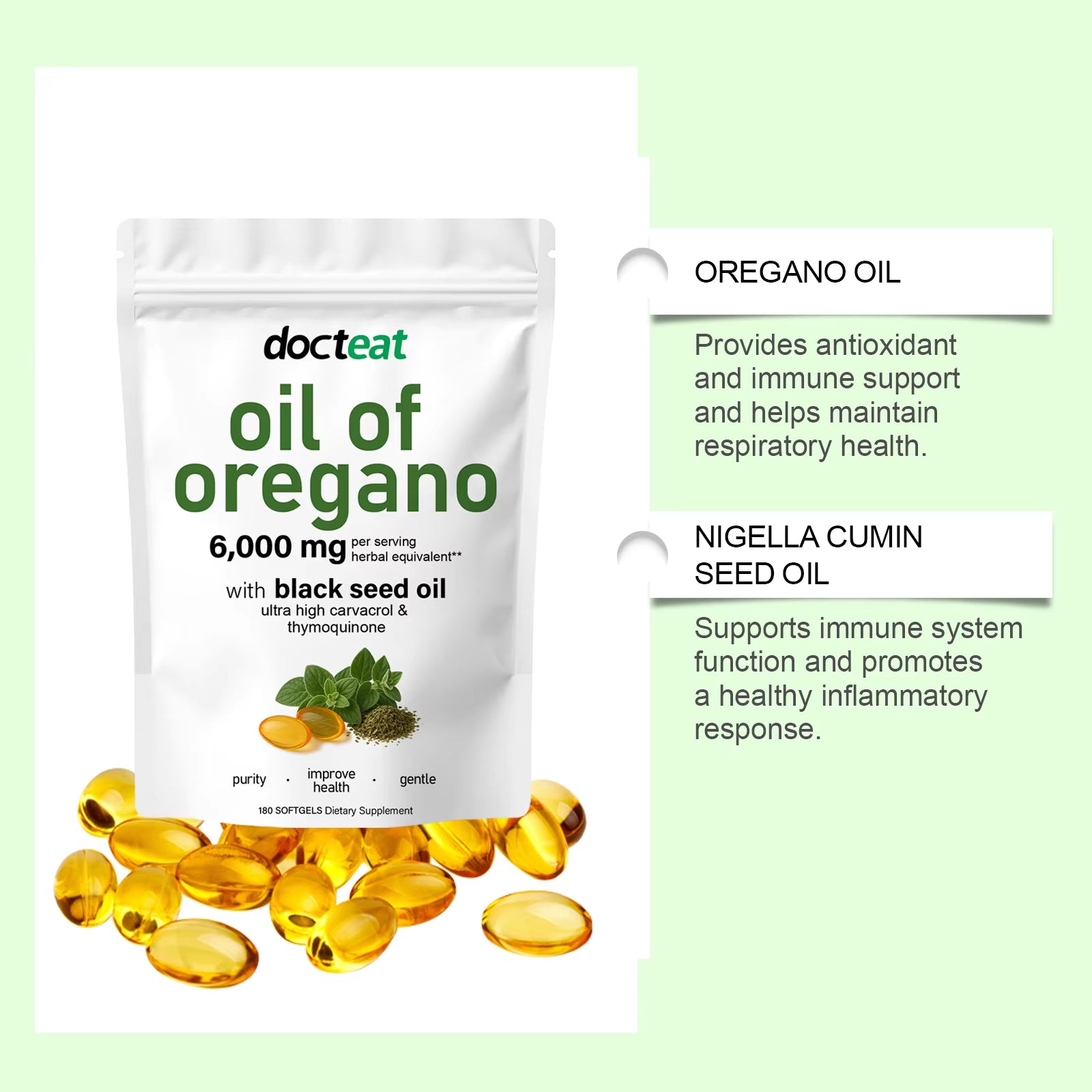 Oregano Oil Softgels for Daily Wellness Support, 180 Count Plant-Based Capsules with Natural Carvacrol, Family Immune Defense Su